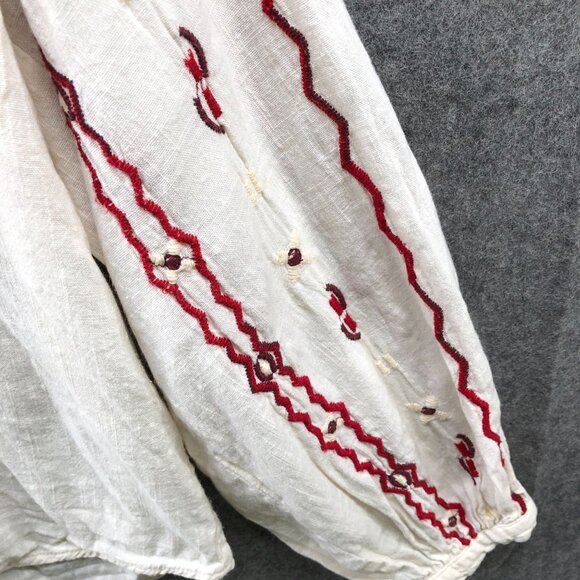 Zara Embroidered Blouse Womens XS Ivory Red Long Sleeve Boho Split Neck - Picture 6 of 8